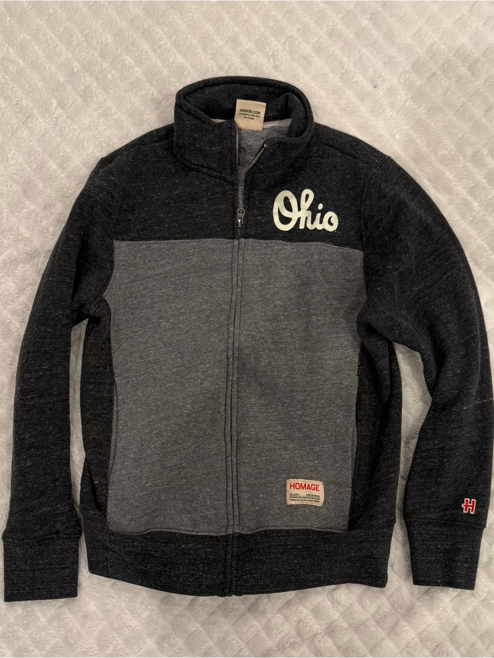 HOMAGE Women’s Full-Zip Sweater Jacket in Black & Gray with Ohio Script